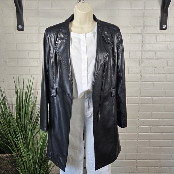 Kafulandi Black Leather Long Blazer Trench Jacket Size Medium - Picture 13 of 13